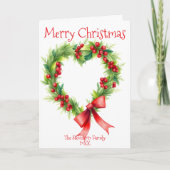 ハート形のクリスマスリースとレッドボウ シーズンカード (正面)
