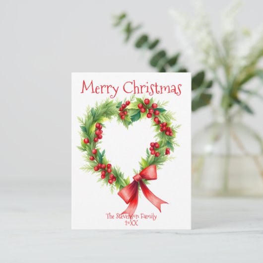 ハート形のクリスマスリースとレッドボウ シーズンポストカード (スタンド正面)