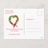 ハート形のクリスマスリースとレッドボウ シーズンポストカード (裏面)