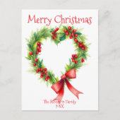 ハート形のクリスマスリースとレッドボウ シーズンポストカード (正面)