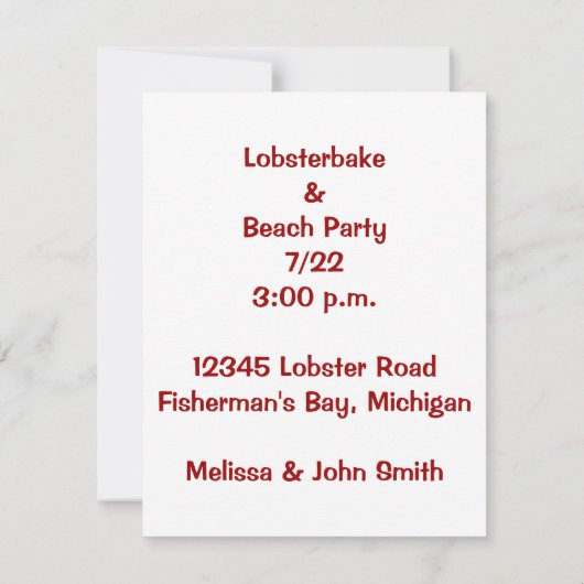 ハート形の挟みとのLobstarの赤のようなパーティー 招待状 (裏面)