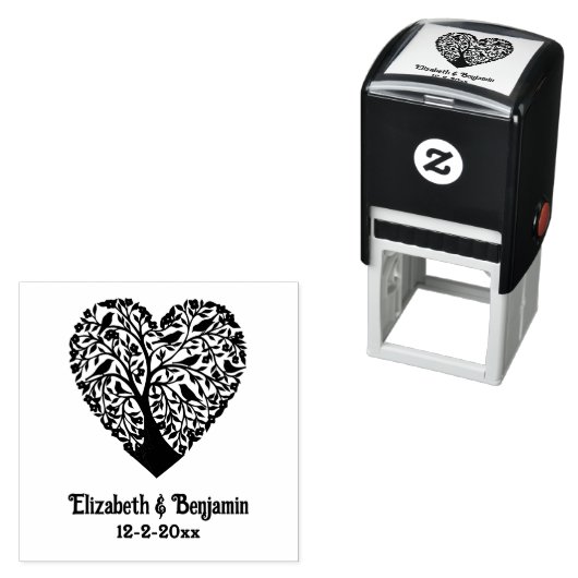 ハート形の生命の木、鳥のカップル名の日付 セルフインキングスタンプ (インサイチュ)