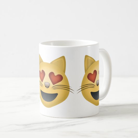 ハート形の目Emojiが付いている微笑猫の顔 コーヒーマグカップ (正面右)