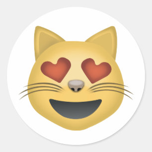 ハート形の目Emojiが付いている微笑猫の顔 ラウンドシール