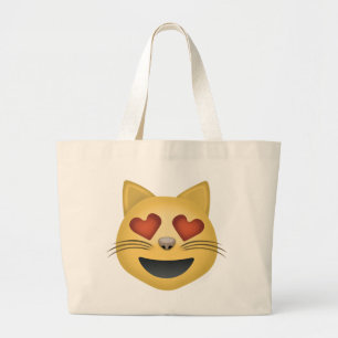 ハート形の目Emojiが付いている微笑猫の顔 ラージトートバッグ