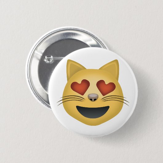ハート形の目Emojiが付いている微笑猫の顔 缶バッジ (正面&裏面)