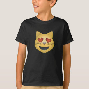 ハート形の目Emojiが付いている微笑猫の顔 Tシャツ