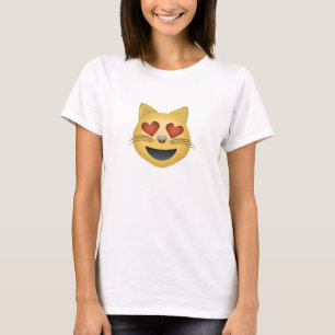 ハート形の目Emojiが付いている微笑猫の顔 Tシャツ