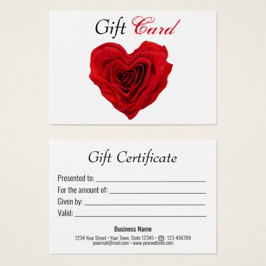 ハート形の赤いローズバレンタインのギフト券 (正面&裏面)