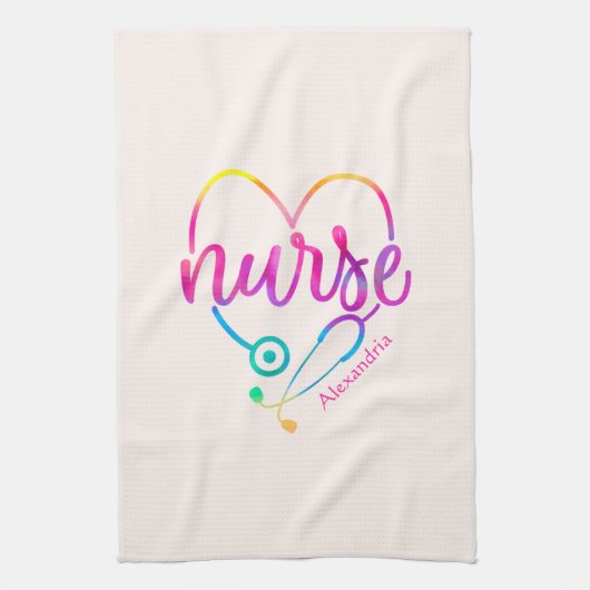 ハート形聴診器を持つ「ナース」 キッチンタオル (縦)
