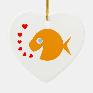 ハート形青い目を持つかわいい漫画の金魚 セラミックオーナメント