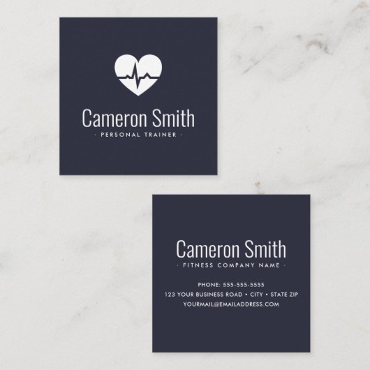 ハート心電図波フィットネスパーソナルトレーナー暗 スクエア名刺 (正面/裏面)