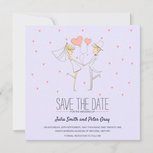 ハート愛の花嫁と花婿の漫画の日付を保存 招待状 (正面)