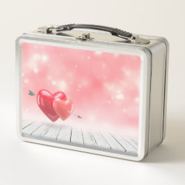 ハート愛バレンタインデー背景矢印ピンク メタルランチボックス