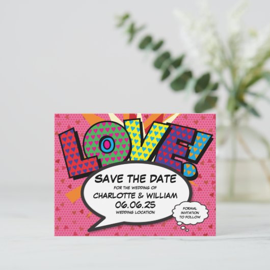 ハート愛モダンおもしろい漫画結婚式日付を保存 案内ポストカード (スタンド正面)