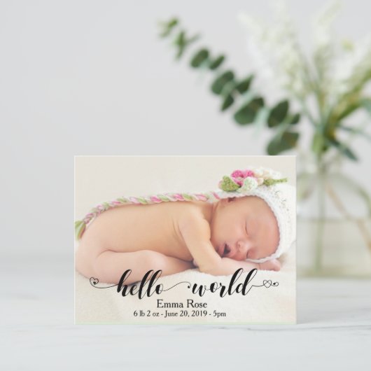 ハート手書きハローワールド誕生のお知らせ ポストカード (スタンド正面)