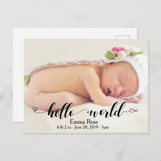 ハート手書きハローワールド誕生のお知らせ ポストカード (正面/裏面)