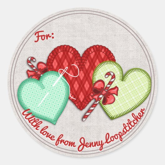 ハート手縫い裁縫クリスマステッカー ラウンドシール (正面)