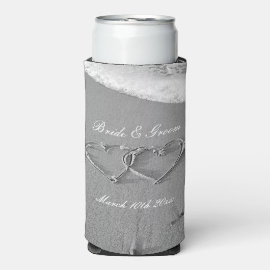 ハート描のビーチとカスタムウェディング スリム缶クーラー (Seltzer正面)