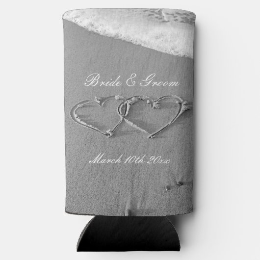 ハート描のビーチとカスタムウェディング スリム缶クーラー (裏面)