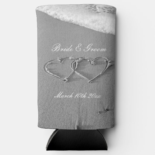 ハート描のビーチとカスタムウェディング スリム缶クーラー (正面)