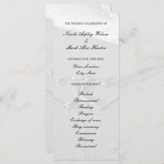 ハート描のビーチ結婚式プログラム プログラム (正面/裏面)