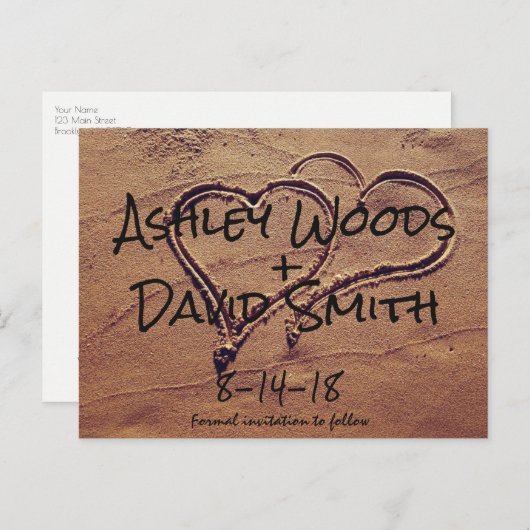 ハート描を砂で日付はがきを保存する 案内ポストカード (正面/裏面)