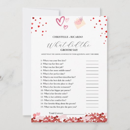 ハート新郎新婦トリビアブライダルシャワーゲームカード 案内状 (正面)