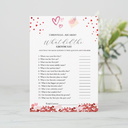 ハート新郎新婦トリビアブライダルシャワーゲームカード 案内状 (スタンド正面)