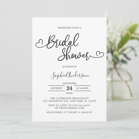 ハート書スクリプトのミニマルブライダルシャワー 招待状 (スタンド正面)