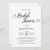 ハート書スクリプトのミニマルブライダルシャワー 招待状 (正面/裏面)