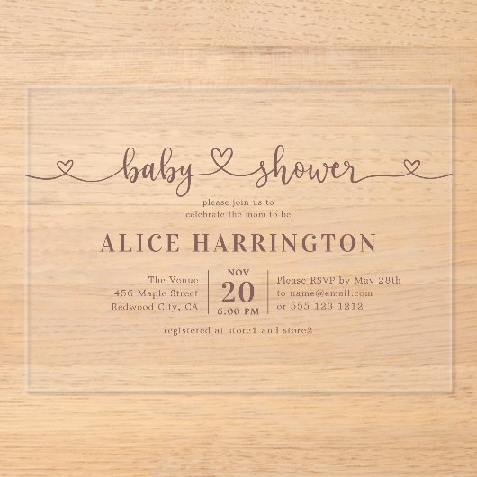 ハート書ミニマリスト茶色の赤ちゃんシャワー アクリル招待状 (正面)
