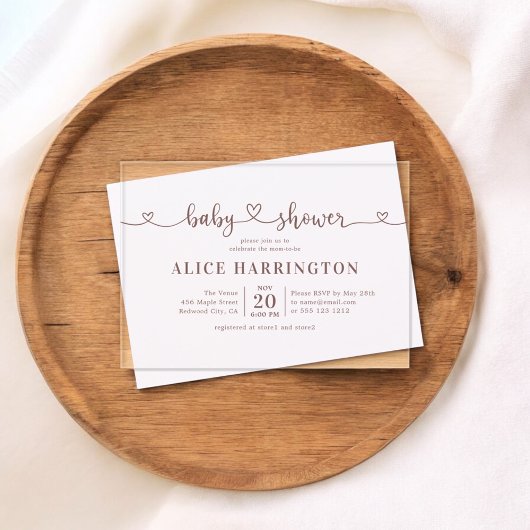 ハート書ミニマリスト茶色の赤ちゃんシャワー アクリル招待状