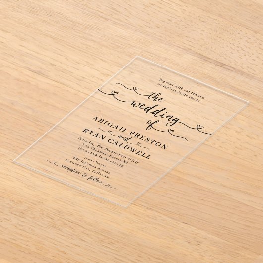 ハート書ミニマル結婚リスト アクリル招待状 (レイダウン)