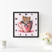 ハート柄のティーカップに入ったかわいい子猫 スクエア壁時計 (ホーム)