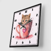 ハート柄のティーカップに入ったかわいい子猫 スクエア壁時計 (傾斜)