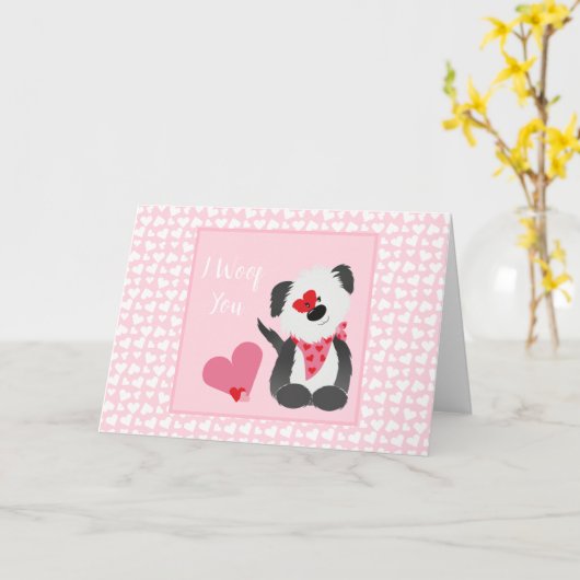 ハート柄の子犬 ピンクと白の愛らしさ カード (黄色い花)