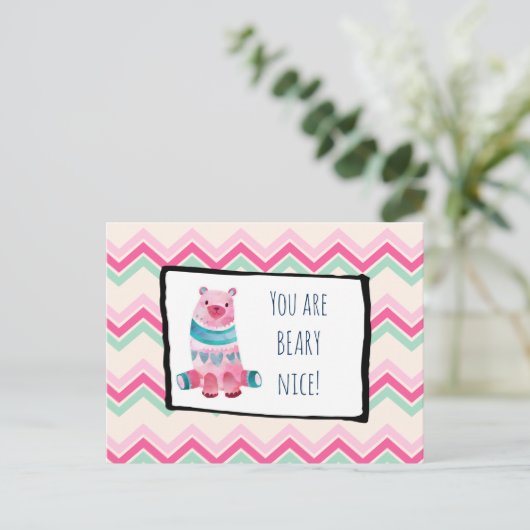 ハート柄の水彩クマちゃんのありがとうカード ポストカード (スタンド正面)