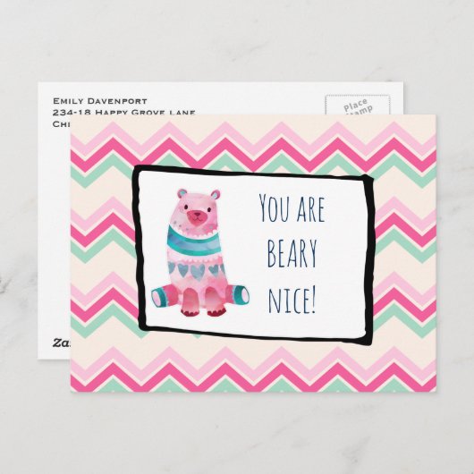 ハート柄の水彩クマちゃんのありがとうカード ポストカード (正面/裏面)