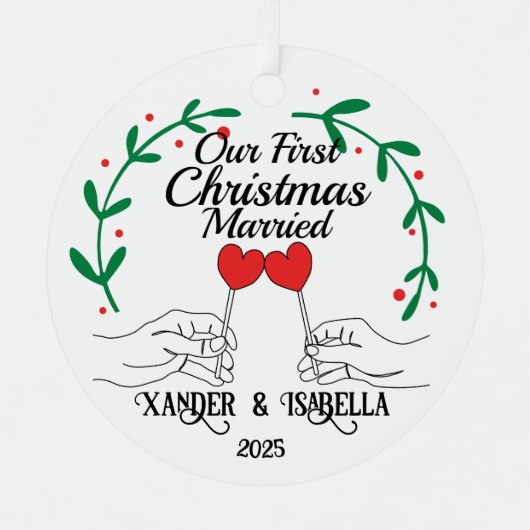 ハート棒つきキャンデー初めてのクリスマス 結婚した メタルオーナメント (正面)