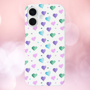 ハート水彩パターングリーンブルーピンクパープル iPhone 16ケース