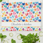 ハート水彩可愛カラフルいラブ名前をカスタムする キッチンタオル (折り畳み)