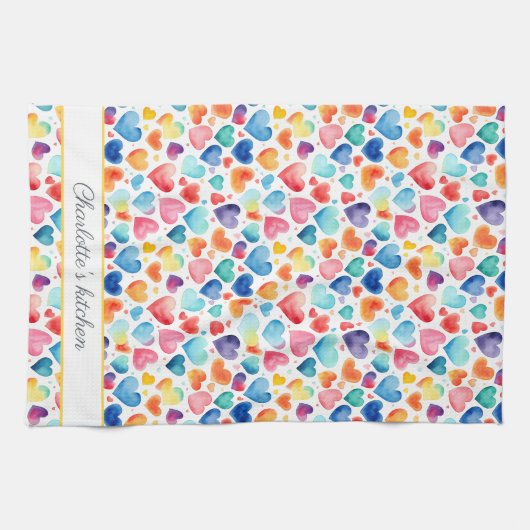 ハート水彩可愛カラフルいラブ名前をカスタムする キッチンタオル (横)