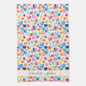 ハート水彩可愛カラフルいラブ名前をカスタムする キッチンタオル (縦)