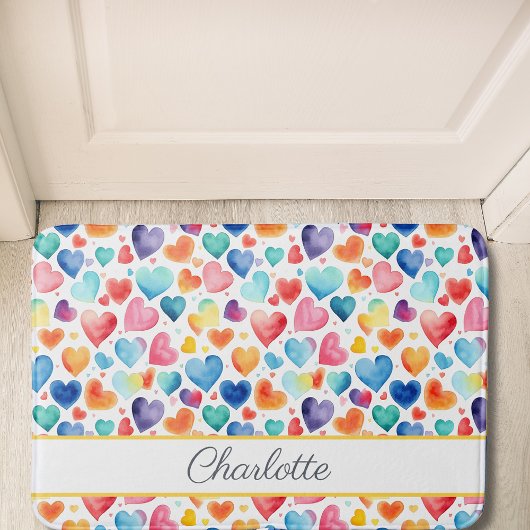 ハート水彩可愛カラフルいラブ名前をカスタムする バスマット