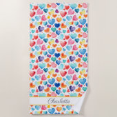 ハート水彩可愛カラフルいラブ名前をカスタムする ビーチタオル (正面)