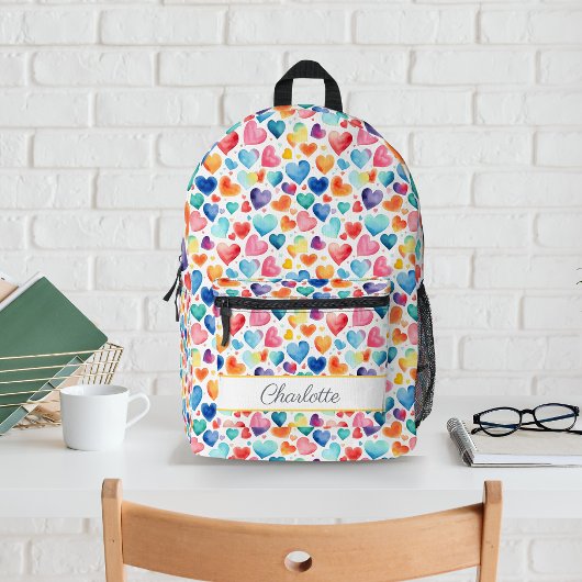 ハート水彩可愛カラフルいラブ名前をカスタムする プリントバックパック