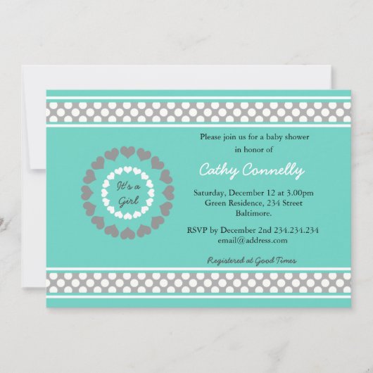 ハート水玉模様ブルーベビーシャワー（ガールカード用） 招待状 (正面)