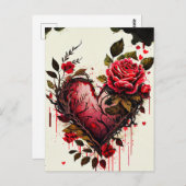 ハート水色花赤いバラのラブカード ポストカード (正面/裏面)