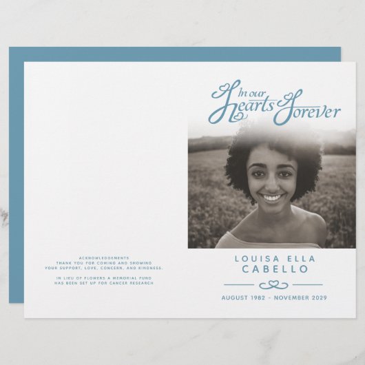 ハート永遠の葬儀プログラムホワイトブルーDIYフォールド (正面/裏面)